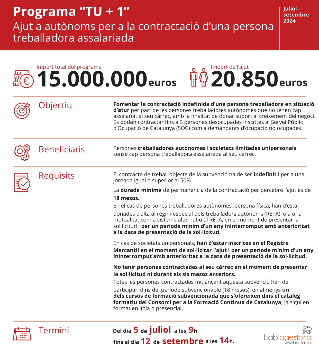 Programa "TU + 1" Ajut a autònoms per a la contractació d'una persona treballadora assalariada 